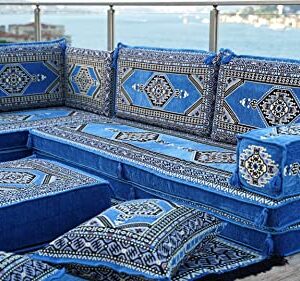 Blue Premium Arabic Seating, Handmade Floor Couches, Sectional Sofas, Turkish Floor Sofas, Moroccan Livingroom Sofas, Arabic Majlis, Sofa Slipcovers, Living Room Furniture (L Sofa Full Set)