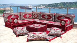 maroon l shaped futon sofa bed, corner floor couch, sectional sofas, yoga sofa sets, handmade living room furniture, sofa covers (l sofa + rug + poufs)