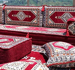 Maroon L Shaped Futon Sofa Bed, Corner Floor Couch, Sectional Sofas, Yoga Sofa Sets, Handmade Living Room Furniture, Sofa Covers (L Sofa + Rug + Poufs)