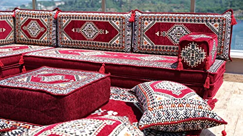 Maroon L Shaped Futon Sofa Bed, Corner Floor Couch, Sectional Sofas, Yoga Sofa Sets, Handmade Living Room Furniture, Sofa Covers (L Sofa + Rug + Poufs)