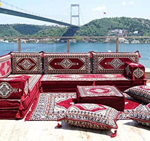 Maroon L Shaped Futon Sofa Bed, Corner Floor Couch, Sectional Sofas, Yoga Sofa Sets, Handmade Living Room Furniture, Sofa Covers (L Sofa + Rug + Poufs)