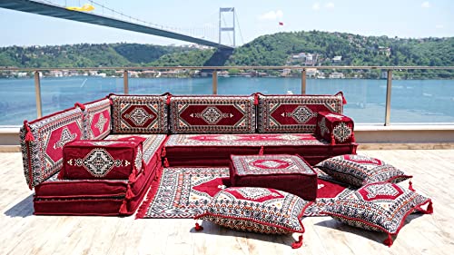 Maroon L Shaped Futon Sofa Bed, Corner Floor Couch, Sectional Sofas, Yoga Sofa Sets, Handmade Living Room Furniture, Sofa Covers (L Sofa + Rug + Poufs)