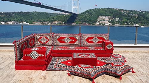 Red Corner Sofa Seating Set, L Shaped Arabic Sofa Set, Oriental Floor Seating, Living Room Sofa, Sofa Slipcovers, Patio Sofa (L Sofa + Rug + Poufs)