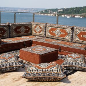 Brown Floor Cushions, Modern Arabic Majlis Set, Floor Sofa Set, Ethnic Sofa, Arabic Jalsa, Moroccan Sofa, Sectional Sofa with Ottoman, Sleeper Sofa (L Sofa + Rug + Poufs)