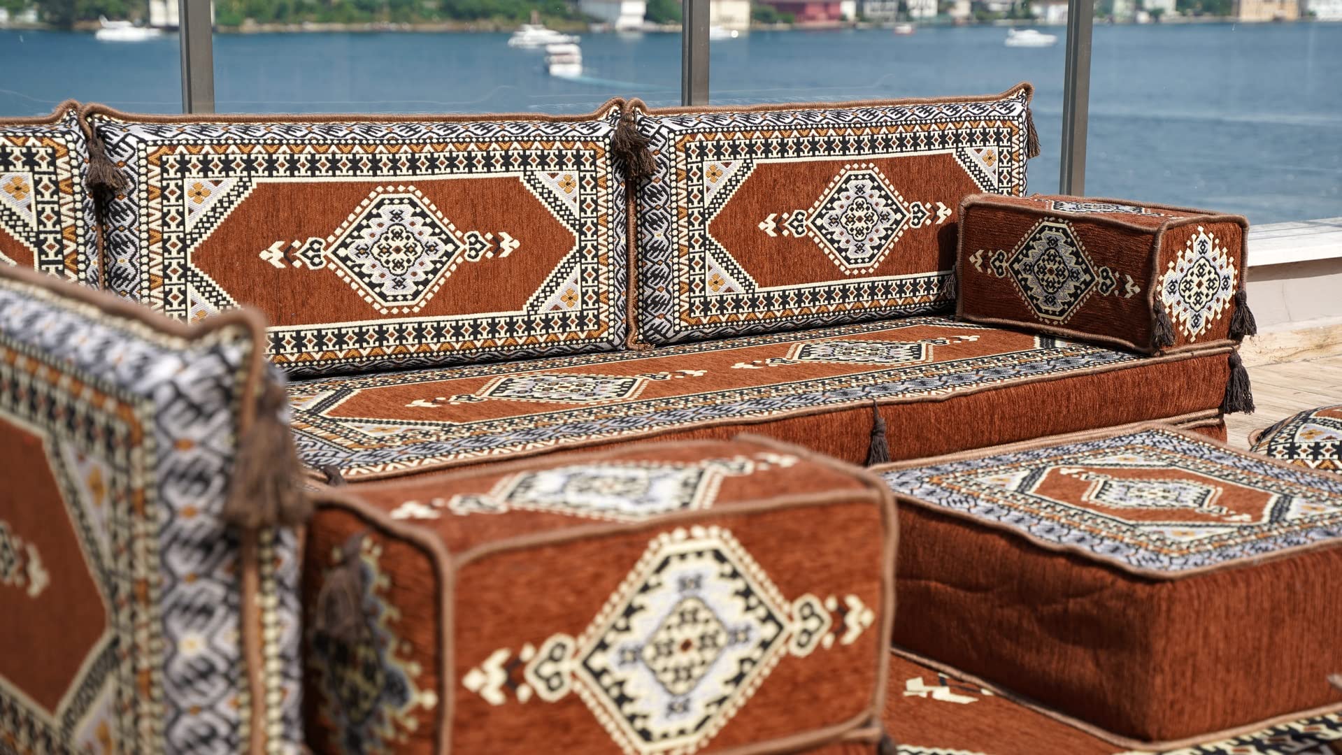 Brown Floor Cushions, Modern Arabic Majlis Set, Floor Sofa Set, Ethnic Sofa, Arabic Jalsa, Moroccan Sofa, Sectional Sofa with Ottoman, Sleeper Sofa (L Sofa + Rug + Poufs)