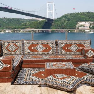 Brown Floor Cushions, Modern Arabic Majlis Set, Floor Sofa Set, Ethnic Sofa, Arabic Jalsa, Moroccan Sofa, Sectional Sofa with Ottoman, Sleeper Sofa (L Sofa + Rug + Poufs)