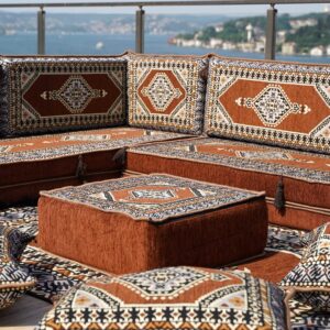 Brown Floor Cushions, Modern Arabic Majlis Set, Floor Sofa Set, Ethnic Sofa, Arabic Jalsa, Moroccan Sofa, Sectional Sofa with Ottoman, Sleeper Sofa (L Sofa + Rug + Poufs)