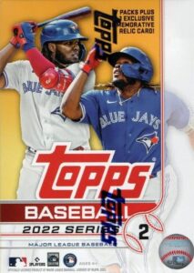 2022 topps series two factory sealed blaster box of packs with 99 cards including one exclusive commemorative relic card and possible rookies autographs and jersey cards