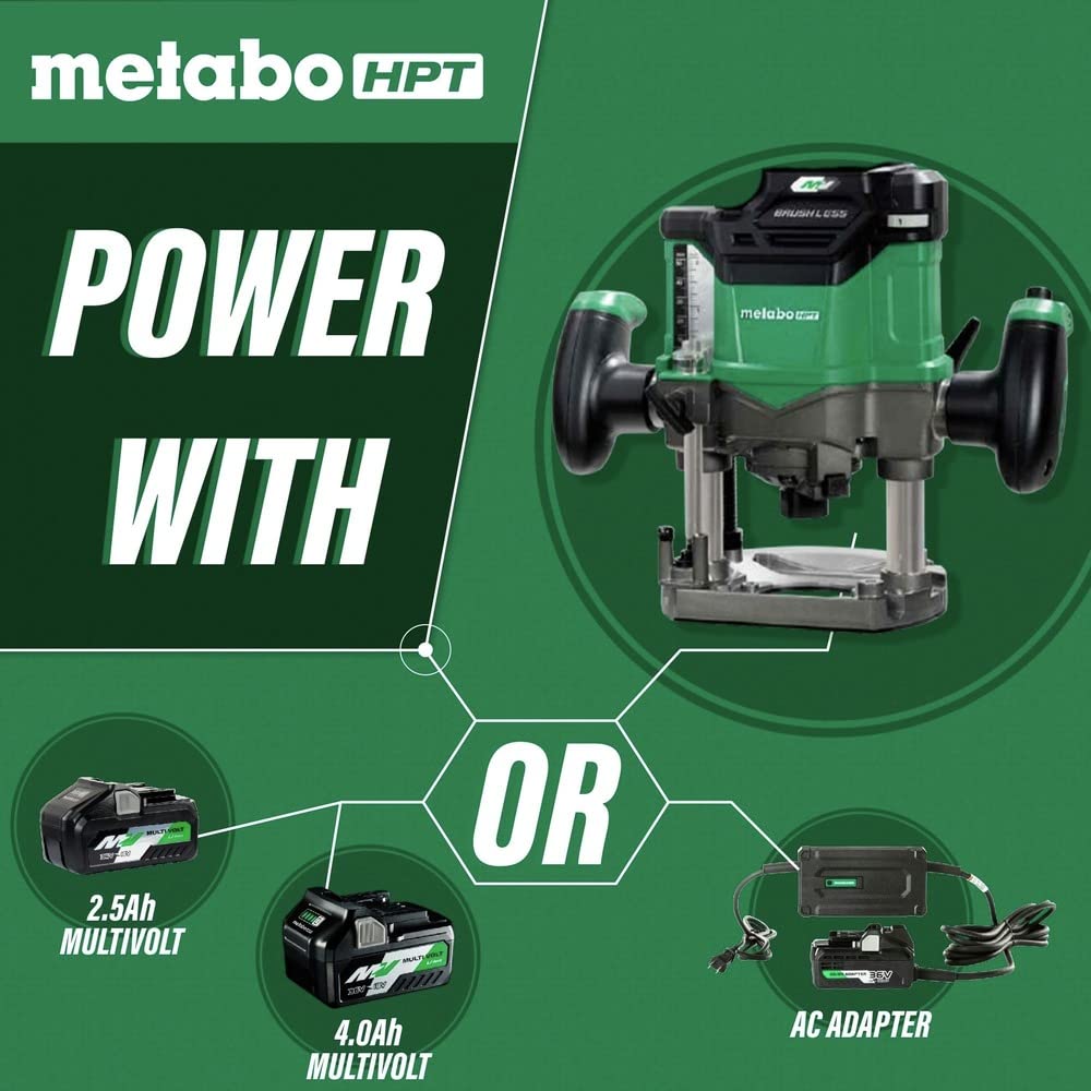 Metabo HPT 36V MultiVolt™ Cordless Plunge Router | Tool Only - No Battery | Includes 1/2-Inch and 1/4-Inch Collets | Variable Speed | Optional AC Adapter | M3612DAQ4