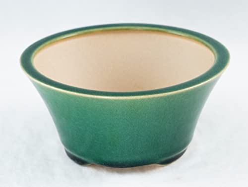 Fine Round Green Glazed Cactus & Succulent Planter, Shohin Bonsai Pot + Mesh - 5.25"x 5.25"x 2.5"