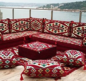 Maroon Floor Cushions, L Shaped Arabic Seating Sofas, Balcony Terrace Sofas, Washable Cushion Covers, Traditional Floor Couch, Arabic Majlis, Futon Sofa Bed (L Sofa Full Set)