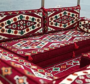 Maroon Floor Cushions, L Shaped Arabic Seating Sofas, Balcony Terrace Sofas, Washable Cushion Covers, Traditional Floor Couch, Arabic Majlis, Futon Sofa Bed (L Sofa Full Set)