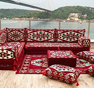 Maroon Floor Cushions, L Shaped Arabic Seating Sofas, Balcony Terrace Sofas, Washable Cushion Covers, Traditional Floor Couch, Arabic Majlis, Futon Sofa Bed (L Sofa Full Set)