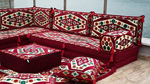 Maroon Floor Cushions, L Shaped Arabic Seating Sofas, Balcony Terrace Sofas, Washable Cushion Covers, Traditional Floor Couch, Arabic Majlis, Futon Sofa Bed (L Sofa Full Set)