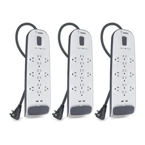 belkin 12-outlet usb power strip surge protector, flat plug, 6ft cord (3,996 joules), white - pack of 3