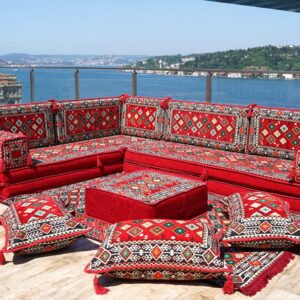 8" Thicknesse L Shaped Floor Couch, Arabic Sofa Seating, Floor Pillow, Corner Floor Couch, Sectional Sofa Set, Patio Furniture, Arabic Majlis (L Sofa + Rug + Poufs)
