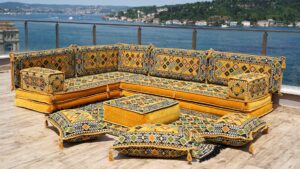 yellow l shaped floor couch, sectional sofa set, floor pillow, arabic majlis, moroccan livingroom cushion, 8" thick corner floor seating set (l sofa + rug + poufs)