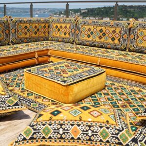 Yellow L Shaped Floor Couch, Sectional Sofa Set, Floor Pillow, Arabic Majlis, Moroccan Livingroom Cushion, 8" Thick Corner Floor Seating Set (L Sofa + Rug + Poufs)