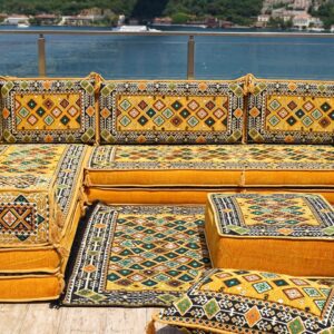 Yellow L Shaped Floor Couch, Sectional Sofa Set, Floor Pillow, Arabic Majlis, Moroccan Livingroom Cushion, 8" Thick Corner Floor Seating Set (L Sofa + Rug + Poufs)