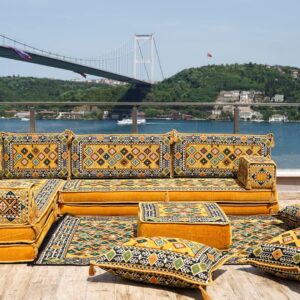 Yellow L Shaped Floor Couch, Sectional Sofa Set, Floor Pillow, Arabic Majlis, Moroccan Livingroom Cushion, 8" Thick Corner Floor Seating Set (L Sofa + Rug + Poufs)