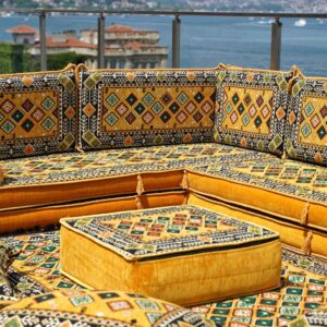 Yellow L Shaped Floor Couch, Sectional Sofa Set, Floor Pillow, Arabic Majlis, Moroccan Livingroom Cushion, 8" Thick Corner Floor Seating Set (L Sofa + Rug + Poufs)