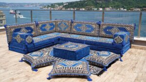 8'' thickness l shaped royal blue sectional sofas, arabic floor sofa set, garden pallet sofa, poufs turkish floor sofa, outdoor sofa, sofa covers (l sofa + rug + poufs)