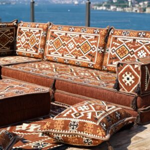 8" Thickness Brown Corner Floor Seating Set, Pallet Cushion Set, Modular Design Floor Cushion, Garden Sofa Set, Indoor Sofa Set, Futon Sofa Bed (L Sofa Full Set)