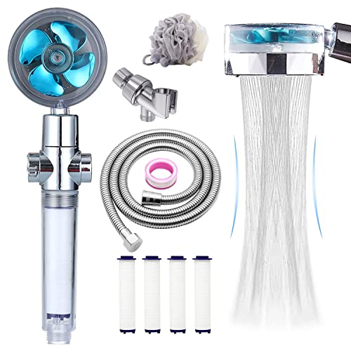 CWPW High Pressure Shower Heads, Handheld Turbo Fan Shower, Hydro Jet Shower Head with 79 Inch Hose,Bracket,Cotton Filters and Bath Loofah, One Key Pause Switch 360 Degrees Rotating (Blue with hose)