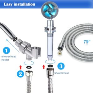 CWPW High Pressure Shower Heads, Handheld Turbo Fan Shower, Hydro Jet Shower Head with 79 Inch Hose,Bracket,Cotton Filters and Bath Loofah, One Key Pause Switch 360 Degrees Rotating (Blue with hose)