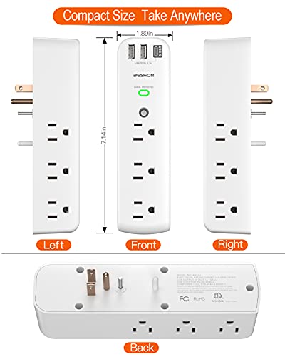 Outlet Extender, Multi Plug Outlet, 9AC Surge Protector with 3 USB Ports(1 USB C Outlet), Wall Plug Expander, USB Wall Charger Outlet Splitter, Compact for Travel, Home, Dorm Room, and Office…