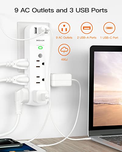 Outlet Extender, Multi Plug Outlet, 9AC Surge Protector with 3 USB Ports(1 USB C Outlet), Wall Plug Expander, USB Wall Charger Outlet Splitter, Compact for Travel, Home, Dorm Room, and Office…