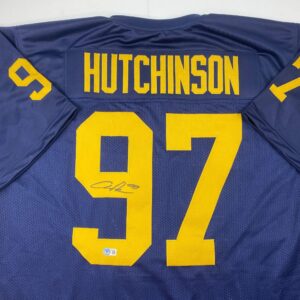 Autographed/Signed Aidan Hutchinson Michigan Blue College Football Jersey Beckett BAS COA