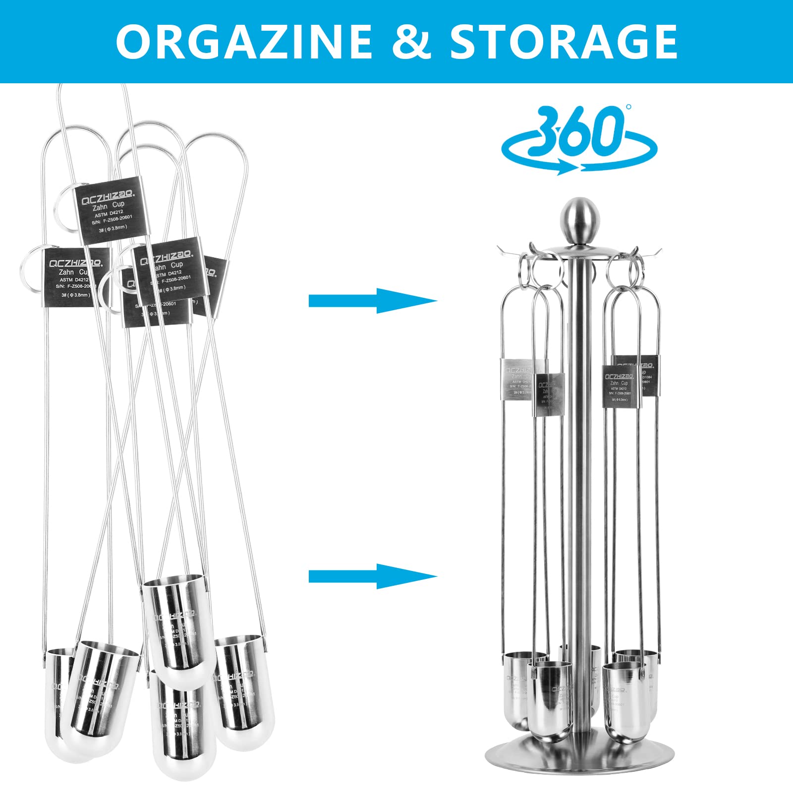 GELTTULU Zahn Cup Immersion Viscosity Cup,#1 to #5 Dip Type 44ml Stainless Steel Viscometer Flow Cup with Storage Rack for Paint, Ink, Dye, Lacquers, Food, Syrup,Oil(5 pcs）