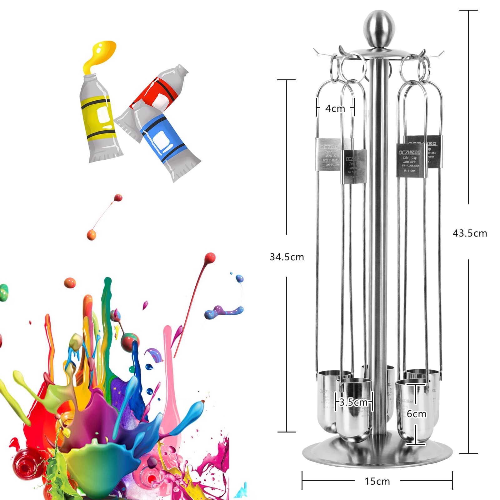 GELTTULU Zahn Cup Immersion Viscosity Cup,#1 to #5 Dip Type 44ml Stainless Steel Viscometer Flow Cup with Storage Rack for Paint, Ink, Dye, Lacquers, Food, Syrup,Oil(5 pcs）