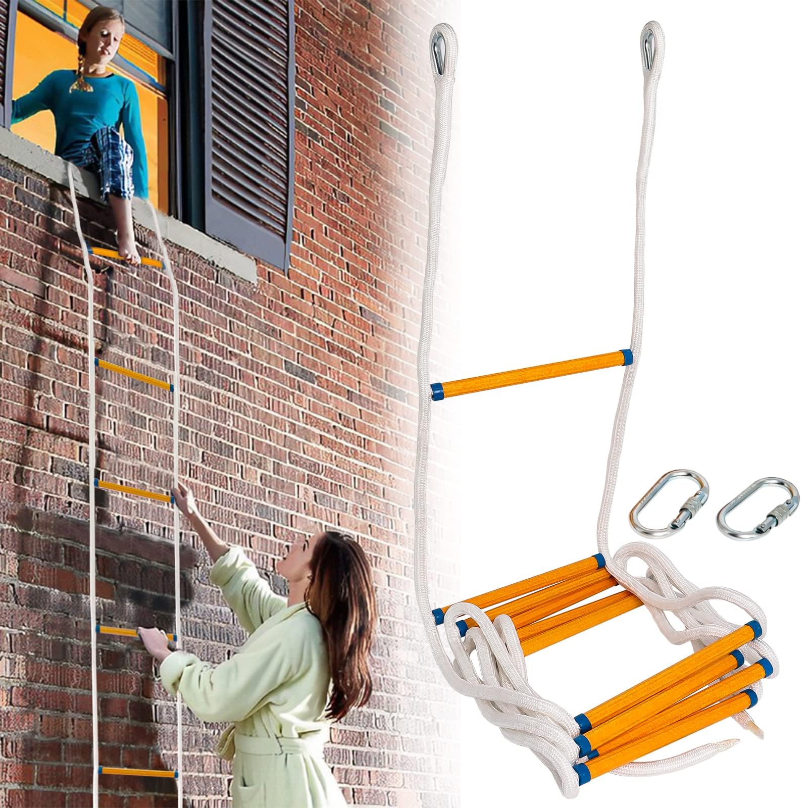 Fire Escape Ladder 2-3 Story, 16 FT Emergency Escape Ladders, 𝟭𝟲 𝗙𝗧 Portable Climbing Rescue Rope Ladder for 2-3 Story Home Window Balcony Railing Treehouse, Weight Capacity up to 2000 Pounds