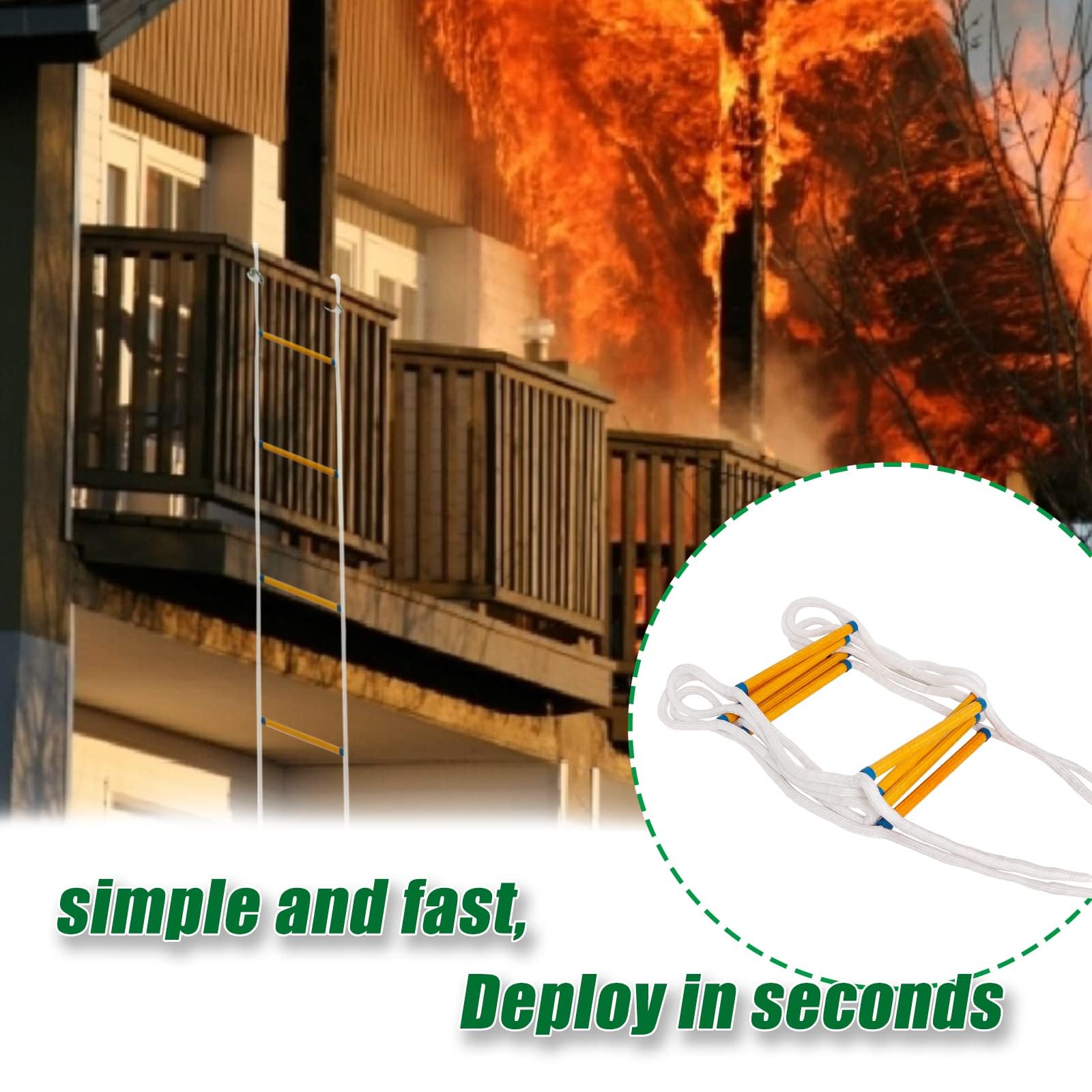 Fire Escape Ladder 2-3 Story, 16 FT Emergency Escape Ladders, 𝟭𝟲 𝗙𝗧 Portable Climbing Rescue Rope Ladder for 2-3 Story Home Window Balcony Railing Treehouse, Weight Capacity up to 2000 Pounds