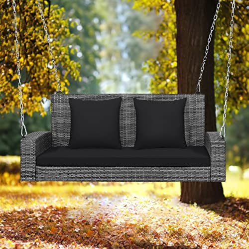 Tangkula 2 Person Wicker Hanging Porch Swing, Patiojoy Outdoor Rattan Swing with Soft Cushions and 2 Rustproof Steel Chains, 800 LBS Patio Swing Bench for Balcony, Garden and Yard (Black)