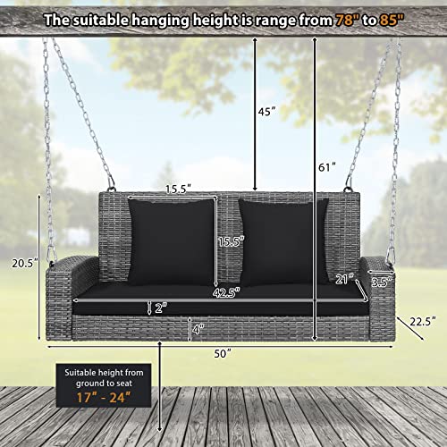 Tangkula 2 Person Wicker Hanging Porch Swing, Patiojoy Outdoor Rattan Swing with Soft Cushions and 2 Rustproof Steel Chains, 800 LBS Patio Swing Bench for Balcony, Garden and Yard (Black)