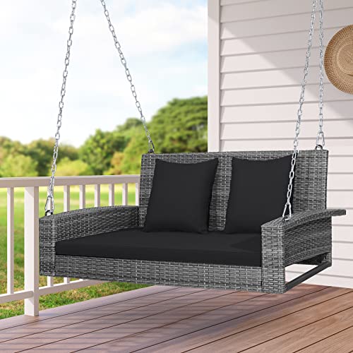 Tangkula 2 Person Wicker Hanging Porch Swing, Patiojoy Outdoor Rattan Swing with Soft Cushions and 2 Rustproof Steel Chains, 800 LBS Patio Swing Bench for Balcony, Garden and Yard (Black)