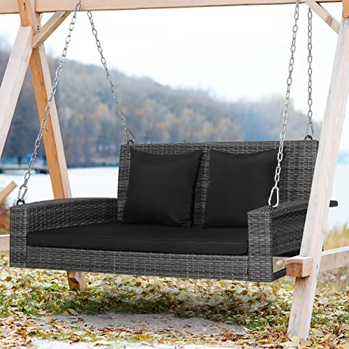 Tangkula 2 Person Wicker Hanging Porch Swing, Patiojoy Outdoor Rattan Swing with Soft Cushions and 2 Rustproof Steel Chains, 800 LBS Patio Swing Bench for Balcony, Garden and Yard (Black)