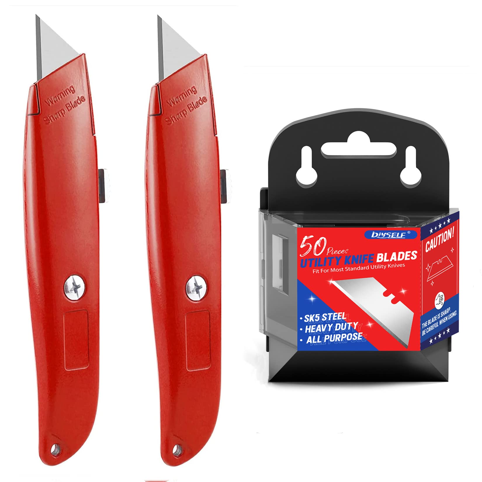 DIYSELF 2Pack Utility Knife Box Cutter Retractable and 50Pack Utility Knife Blades Box Cutter Blades