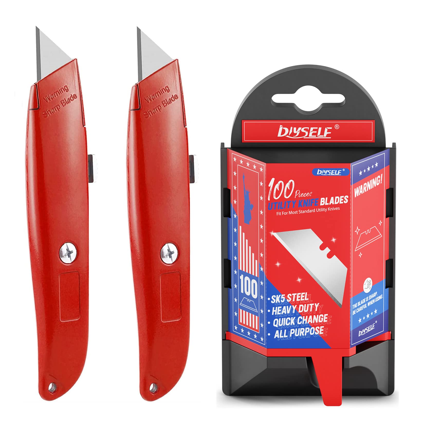 DIYSELF 2Pack Utility Knife Box Cutter Retractable and 100Pack Box Cutter Blades