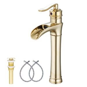 brushed gold bathroom faucet ggstudy waterfall bathroom faucet single handle one hole tall body farmhouse bathroom vessel sink faucet vanity faucet matching with pop up drain
