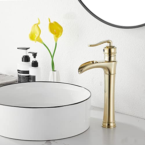 Brushed Gold Bathroom Faucet GGStudy Waterfall Bathroom Faucet Single Handle One Hole Tall Body Farmhouse Bathroom Vessel Sink Faucet Vanity Faucet Matching with Pop Up Drain