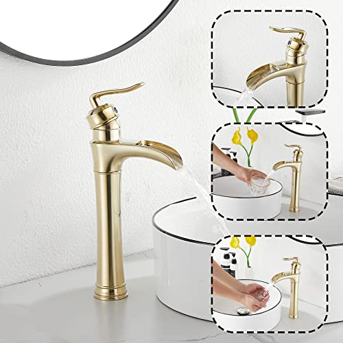Brushed Gold Bathroom Faucet GGStudy Waterfall Bathroom Faucet Single Handle One Hole Tall Body Farmhouse Bathroom Vessel Sink Faucet Vanity Faucet Matching with Pop Up Drain