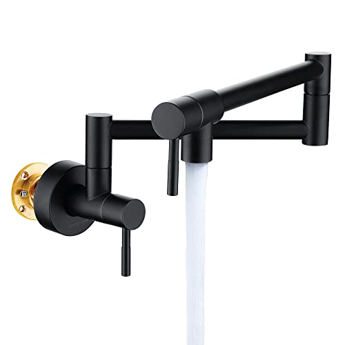 Fransiton Matte Black Pot Filler, Pot Filler Faucet Wall Mount, Brass Folding Stretchable with Double Joint Swing Arm Single Hole Two Handles Kitchen Restaurant