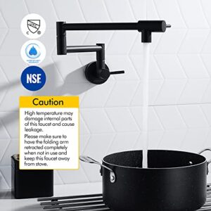 Fransiton Matte Black Pot Filler, Pot Filler Faucet Wall Mount, Brass Folding Stretchable with Double Joint Swing Arm Single Hole Two Handles Kitchen Restaurant