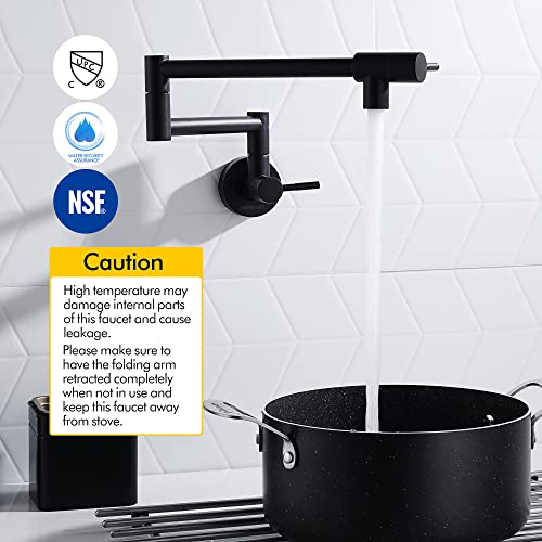 Fransiton Matte Black Pot Filler, Pot Filler Faucet Wall Mount, Brass Folding Stretchable with Double Joint Swing Arm Single Hole Two Handles Kitchen Restaurant