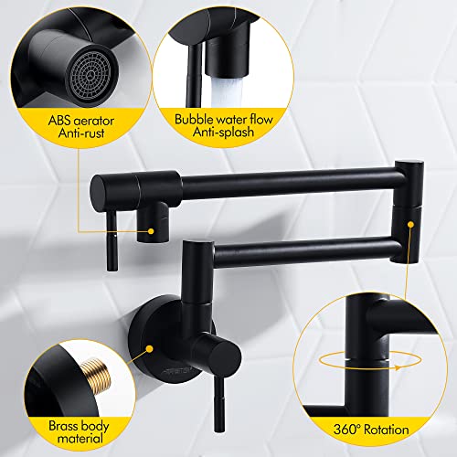 Fransiton Matte Black Pot Filler, Pot Filler Faucet Wall Mount, Brass Folding Stretchable with Double Joint Swing Arm Single Hole Two Handles Kitchen Restaurant