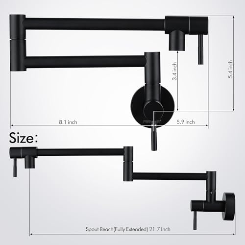 Fransiton Matte Black Pot Filler, Pot Filler Faucet Wall Mount, Brass Folding Stretchable with Double Joint Swing Arm Single Hole Two Handles Kitchen Restaurant